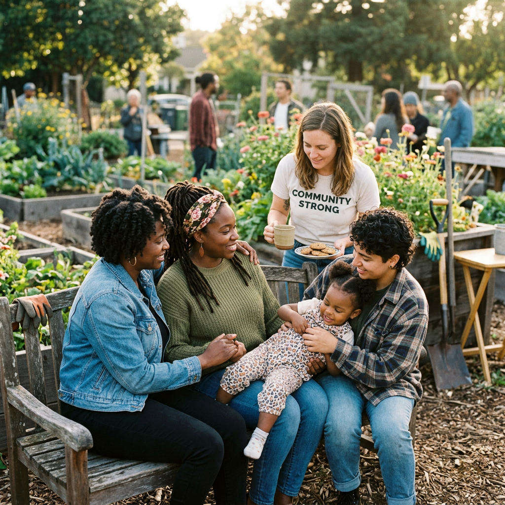 Four adults and a child sitting and smiling in a community garden with plants and gardening tools around them